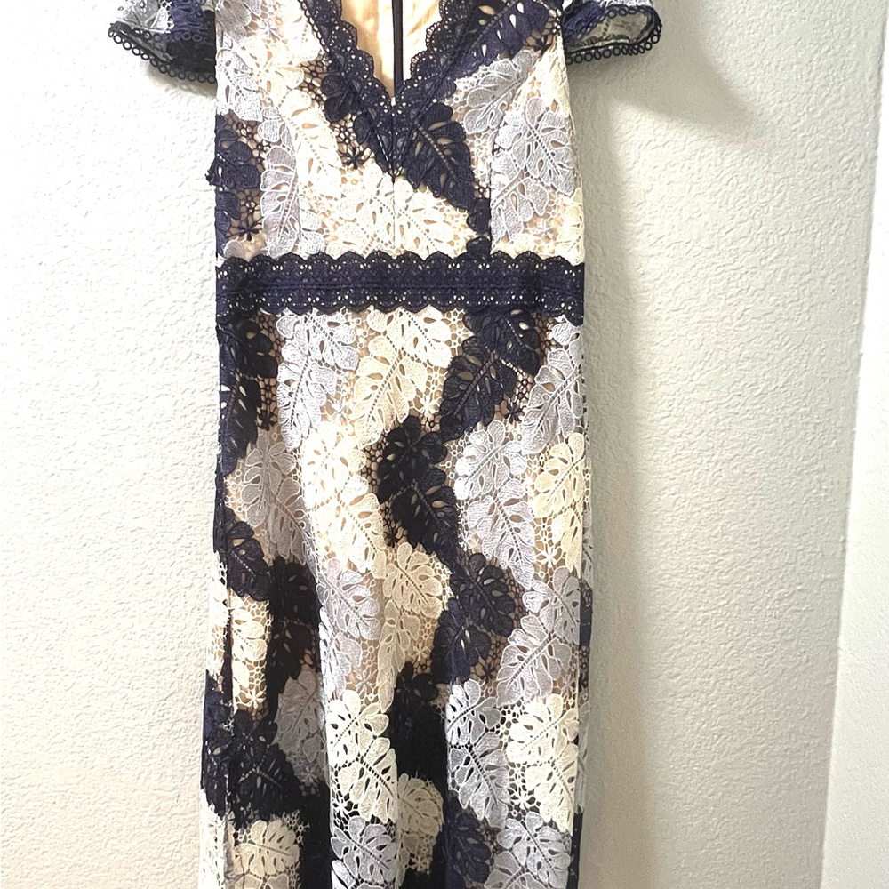 Adelyn Rae Navy and Cream Lace Maxi Dress